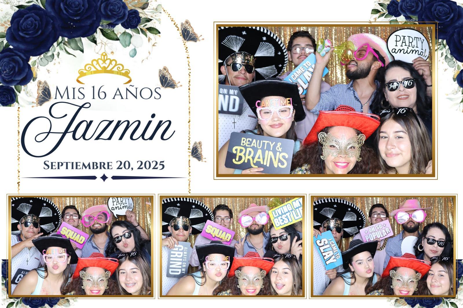 Photobooth print from Jazmin's Sweet 16, gold sequin backdrop
